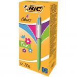 Bic 4-Colour Fun Ball Pen 1.0mm Tip 0.32mm Line Pink Purple Turquoise Lime Green Ref 887777 [Pack 12] 263724