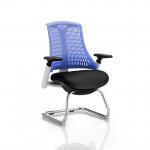 Flex Cantilever Chair White Frame Black Fabric Seat Blue Back With Arms