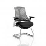 Flex Cantilever Chair White Frame Black Fabric Seat Grey Back With Arms