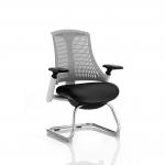 Flex Cantilever Chair White Frame Black Fabric Seat Grey Back With Arms