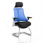 Flex Cantilever Chair White Frame Black Fabric Seat Blue Back With Arms With Headrest