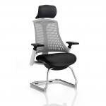 Flex Cantilever Chair White Frame Black Fabric Seat Grey Back With Arms With Headrest