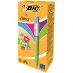 Bic 4 Colours Fashion Ballpoint Pen 1mm Tip 0.32mm Line Light Blue Barrel Lime Green/Pink/Purple/Turquoise Ink (Pack 12) 887777 68366BC