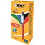 Bic 4 Colours Fine Ballpoint Pen 0.8mm Tip 0.30 Line Red/White Barrel Black/Blue/Green/Red Ink (Pack 12) 69360BC