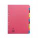 The image shows a set of 12 colorful dividers and indexes from Pukka Pads Ltd. Each divider is labeled with a different subject and made of sturdy 160gsm card. The dividers are A4 size and have been multipunched to fit easily in a binder. The colors of the dividers are assorted, adding a pop of brightness to any organization system.