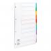 The photograph features a set of Pukka Pads Ltd dividers and indexes, specifically Concord dividers. The dividers are 10 parts and have multicolored tabs for easy organization. They are reinforced with Mylar and are punched with 4 holes. The dividers are A4 size, made of sturdy 150gsm paper, and are in a crisp white color. The clear image showcases the high-quality materials and precise design of these dividers.