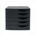 The image shows a 5 Star Drawer Set in black, with a 5-drawer Elite Desktop Drawer Set. It can store A4 papers and documents up to 260x350mm. The design is sleek and professional, perfect for organizing your workspace.