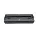 The photo features a sleek, black 5 Star laminating machine with the 5 Star Office logo on the front. The machine is compact and designed for A4 paper, with options for hot or cold lamination and compatibility with pouches up to 2x100micron in thickness. It has a simple interface and clear indications for temperature and lamination mode.