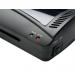 The picture shows a 5 Star Office Hot and Cold A4 Laminator, with the brand and product name clearly displayed on the front. The machine has a sleek black and silver design and is capable of laminating up to two 100micron pouches at a time. There are various buttons and levers on the top and sides for controlling and adjusting the laminating process. A stack of papers can be seen going into the machine, ready to be laminated.