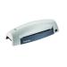 This picture shows a sleek, silver Fellowes laminating machine. The label reads Fellowes Lunar A4 Laminator and it has a model number of 5715701 108707. The machine has a wide feeding tray and a series of buttons and indicators on the top.