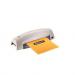 A sleek and modern laminator with the brand Fellowes boldly displayed on the top. The machine is compact and designed for A4 paper, making it perfect for any home or office setting. The Lunar model boasts a glossy finish and is ready for any laminating task.