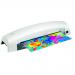 The Fellowes Lunar A3 laminator is a sleek and professional looking machine. Its compact design features a silver and black color scheme with intuitive buttons and indicators. The laminator is shown with sheets of paper being fed through, creating a smooth and protected finish.