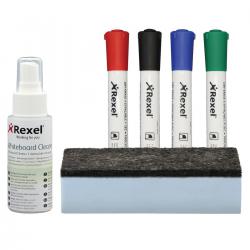 Cheap Stationery Supply of Rexel Whiteboard Cleaning Kit 4 Asst Dry-Erase Markers/Foam Eraser/Spray Cleaning Fluid 1903798 126696 Office Statationery