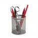 The photo shows a sleek silver 5 Star Office pen pot with a wire mesh design. It measures 80x95mm in diameter and has a tidy appearance. The desk set includes multiple compartments, perfect for organizing various office supplies such as pens, pencils, and markers. The overall look is professional and modern, making it a great addition to any workspace.