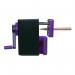 The picture shows a sleek black and purple desk clamp with a Swordfish Pointi mechanical pencil sharpener attached. The sharpener has a diameter of 8mm and features an auto-stop function for precise sharpening. It is compact and ideal for desks.