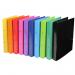 The photo shows a pack of 10 Iderama ring binders in assorted colors. They are made of sturdy pressboard and are A4 size. Each binder has a label holder on the spine and a secure clip to keep papers in place. Bright and functional, these binders are perfect for organizing documents.