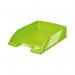This photograph captures the vibrant green color and glossy finish of the Leitz WOW Letter Tray. The stackable design and compact size make it a practical choice for organizing papers and documents on any desk.