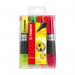 The photo shows a pack of four Stabilo Luminator Highlighters with chisel tips ranging from 2-5mm. The assorted colors are neatly organized in a wallet. The highlighters are Stabilo brand and are ideal for highlighting important information.