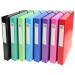 The photograph shows a set of 8 Iderama ring binders and a filing box with elastic closures, in assorted colors and with a 40mm spine. These products are designed for A4 sized documents.
