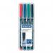 A vibrant and colorful photograph capturing the sleek design of  Staedtler Permanent Markers. The pack contains four medium round markers in assorted colors, perfect for any project. The markers feature a durable, long-lasting ink that is ideal for use on overhead projectors.