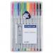 The image shows a pack of 10 Staedtler Fineliners, with a fine 0.3mm tip. The colors are assorted, ranging from vibrant reds to deep blues. The packaging is sleek and modern, with the brand name prominently displayed. Each pen has a triangular shape for easy grip and precise control.