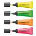 The image shows a pack of Stabilo Neon Highlighters, with chisel tips ranging from 2-5mm, in a variety of vibrant neon colors. The set comes with four highlighters in a wallet for easy organization.