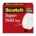 This photo shows a roll of 3M sticky tape in the super-hold variety. The tape is clear and comes in a single roll. The brand name, Scotch, can be seen on the packaging.