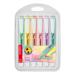 The picture shows a set of Stabilo highlighters, called SwingCool Pastel, with a chisel tip that creates a line between 1-4mm in assorted colors. They come in a pack of 6 and are neatly stored in a wallet.
