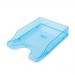 This photograph showcases a sleek and modern Deflecto Letter Tray made of high-impact polystyrene in clear blue. Measuring W258xD350xH66mm, it features a clear glass finish that adds a touch of elegance. Perfect for organizing A4 and foolscap documents in any office setting.