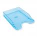 This picture features clear glass letter trays by Deflecto, made of high-impact polystyrene and designed to hold A4 and Foolscap documents. The trays measure W258xD350xH66mm and come in a vibrant clear blue color (product code 151765 not mentioned).