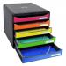 This image features a stackable drawer set by Exacompta called the Big Box Plus. The set has 5 drawers and is designed to store A4plus size documents or supplies. The drawers have a colorful harlequin pattern and are labeled for easy organization.