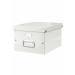 The picture shows a white Leitz Click & Store Collapsible Storage Box for A4 sized documents. The box has a medium size and features the Leitz logo, as well as the collapsible design that makes it easy to store when not in use.
