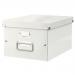 In the photo, four Leitz storage boxes are featured. Each box is collapsible and has a white exterior. The boxes are labeled Leitz Click & Store and are designed for storing A4-sized documents.