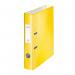 The image shows 10 yellow lever arch files from the brand ACCO. Each file has a spine measuring 80mm and is designed to hold up to 600 sheets of A4 paper. The files are part of the Leitz WOW collection with a colorful and eye-catching design. They appear sturdy and durable, ideal for organizing and storing large amounts of paperwork. The textured surface adds a touch of modernity to the design. Each file features a metal lever mechanism for easy opening and closing, and a label on the spine for easy identification.