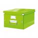 This photo features a vibrant green ACCO Brands Storage Box from the Leitz Click & Store collection. The box is collapsible and designed for A4-sized documents, making it perfect for organizing your office or home. The medium size is ideal for storing various items neatly and efficiently.