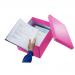 The photograph features a set of Leitz Storage Boxes in a bright pink color. The boxes are collapsible in design and are perfect for storing A4 size documents. The Click & Store feature makes them convenient to use.
