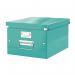 The ACCO Brands Storage Boxes Leitz Click & Store Collapsible Storage Box Medium is a vibrant ice blue color. Its exterior is sturdy with smooth edges and features a convenient collapsible design. The box is perfectly sized for A4 paper and has a click function for secure closure.
