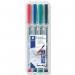 The picture shows a pack of Staedtler permanent and non-permanent markers. The pack contains 4 markers with a 1.0mm line width, felt tip, and assorted colors. They are ideal for labeling or writing on a variety of surfaces.