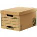 A photo of the Fellowes Bankers Box Earth Series in large size appears in shades of brown and features the FSC certification logo. The storage box is sturdy and eco-friendly, making it a sustainable choice for organizing documents and belongings.