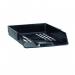The image shows a set of Avery UK letter trays, featuring a sleek black design. The trays are stackable and versatile, fitting both A4 and foolscap size documents. They measure W278xD390xH70mm and are part of the Avery Basics line.