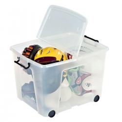 Cheap Stationery Supply of Strata Smart Box Clip-On Folding Lid Carry Handles 75 Litre Clear with Black Wheels HW676CLR 282705 Office Statationery