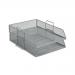 The image shows 5 silver 5 Star letter trays made of mesh material. They are stackable and scratch resistant, with a front load design. These trays are designed to fit foolscap sized papers in a portrait orientation.