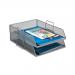 The photo displays 5 silver 5 Star Office Mesh Letter Trays, each stackable and front-loading, with a scratch-resistant finish. Each tray can hold letters in portrait orientation and is sized for foolscap paper.