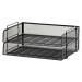 The picture shows 5 Star brand letter trays made of durable mesh material in a sleek black color. They are stackable and designed to fit landscape-oriented foolscap documents. The trays are scratch-resistant and have a side-loading design.