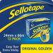The photo shows a pack of 12 Henkel Sticky Tapes Sellotape Original Golden Tapes, each measuring 24mm x 66m. The tapes are neatly rolled and stacked on top of each other, with the familiar golden color of the Sellotape brand visible. The packaging features the Henkel logo and product information.