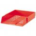 The photograph shows a set of 5 Star letter trays made of high-impact polystyrene in a vibrant red color. Each tray is designed to hold foolscap-sized documents, creating a neat and organized desktop space. The trays have a sleek and durable appearance, perfect for any office setting.