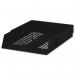 This photograph features five black 5 Star Office high-impact polystyrene letter trays, designed for foolscap documents. The trays are neatly stacked on top of each other, providing a sleek and organized look.