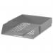 This photo shows five grey 5 Star letter trays made of high-impact polystyrene in a foolscap size. Each tray is neatly stacked on top of the other, creating a organized and efficient storage solution for documents and letters. The trays have a sleek, modern design and are clearly labeled with the 5 Star Office logo.