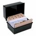 In the photo, there is a black 5 Star Office Card Index Box with a capacity of 250 cards. The box has a dimension of 6x4 inches (152x102mm). It also showcases a 5-star rating symbol on the front. The index box appears sturdy and well-made, with neatly organized cards visible inside. The black color gives it a professional and sleek look.