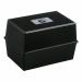 The photograph shows a sleek, black Spicers Card Indexing 5 Star Office Card Index Box. It has a capacity of 250 cards and measures 8x5 inches (203x127mm). The box is neatly organized with labeled dividers and slots to hold the cards securely. It would be a useful tool for organizing and storing important documents or information.